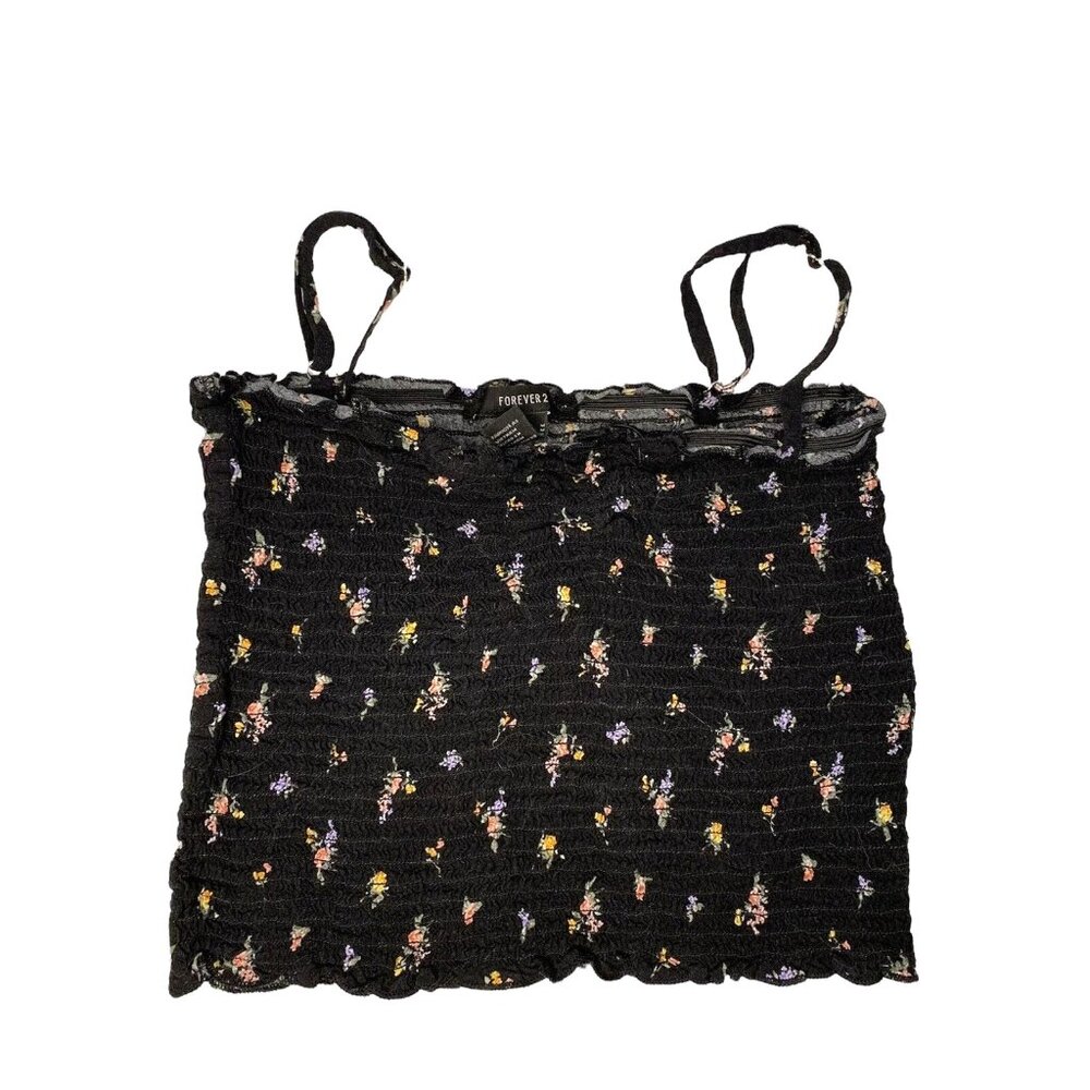 Forever 21 Women’s Tube Tank Top W Straps, Size M, Black Floral Rosebuds Shirred